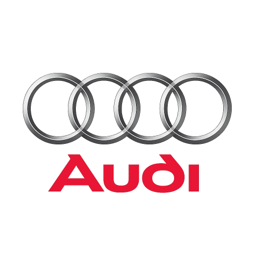 Logotipo oficial de la marca Audi, compuesto por cuatro aros entrelazados de color plateado.