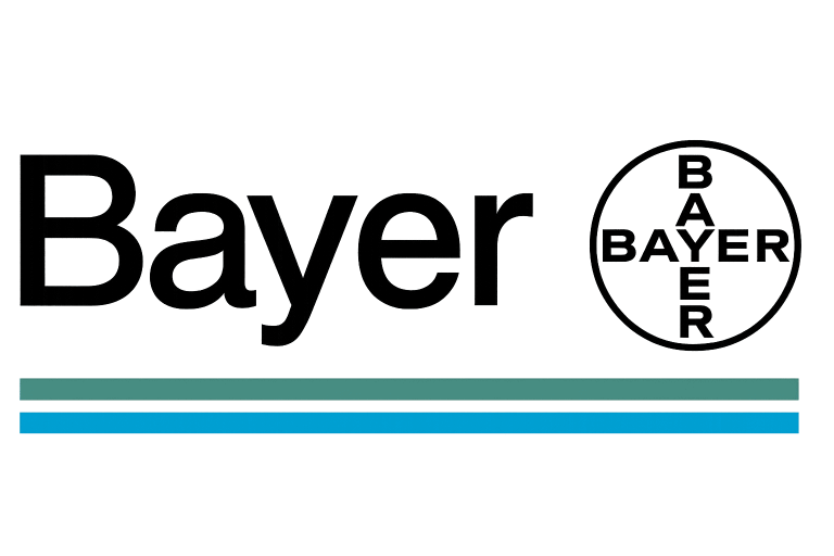 Logotipo de la empresa Bayer en color negro, con el icónico Círculo Bayer y líneas horizontales de color azul y verde debajo.