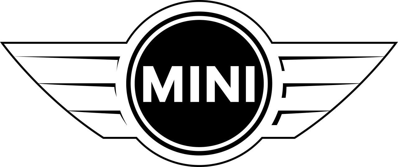 Logotipo de la marca automotriz MINI en blanco y negro, con diseño de círculo central y alas a los lados.