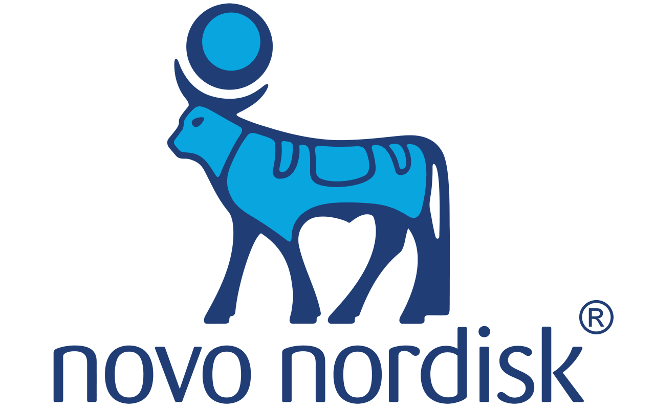 Logotipo de Novo Nordisk, que presenta la imagen de un buey (Buey Apis) en tonos de azul y el texto "novo nordisk".