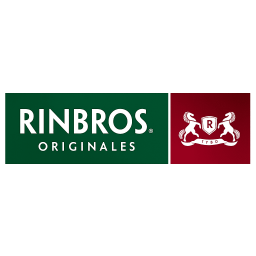 Logotipo de RINBROS. ORIGINALES, con texto blanco sobre fondo verde y un emblema de dos caballos sobre fondo vino o rojo oscuro.