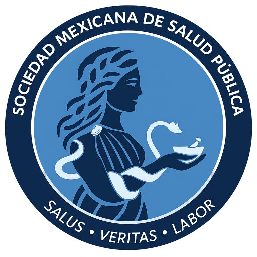Logotipo de la Sociedad Mexicana de Salud Pública (SMSP), un emblema circular con la figura de la Diosa Higia, serpiente y mortero, en tonos de azul.