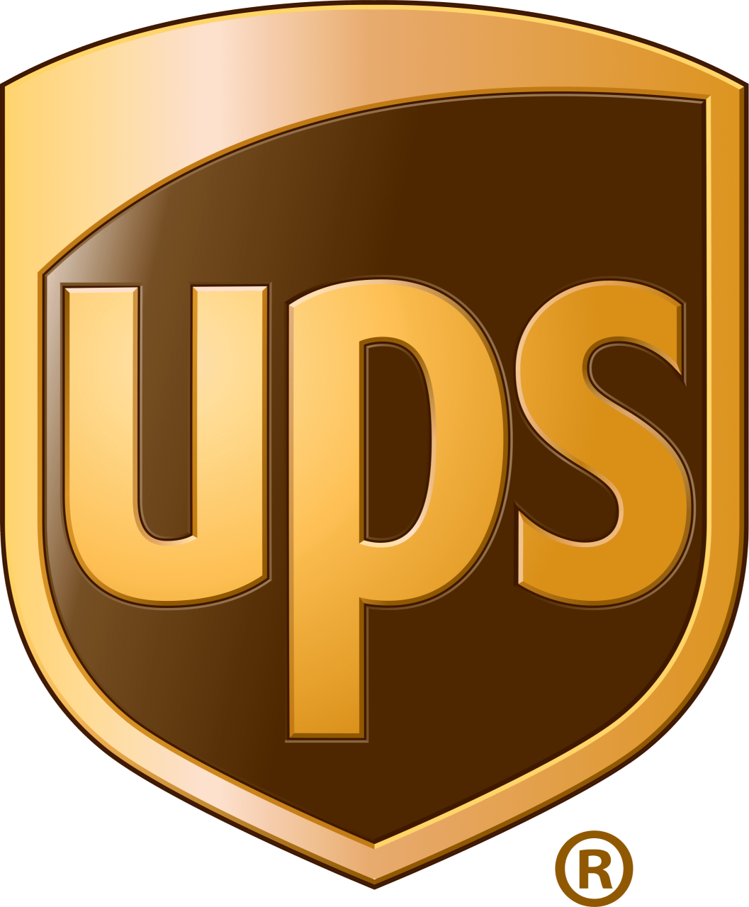 Logotipo oficial de UPS (United Parcel Service) en forma de escudo, color café oscuro y letras doradas.